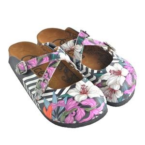 BLACK & PINK FLORAL STRIPE CLOGS WCAL153